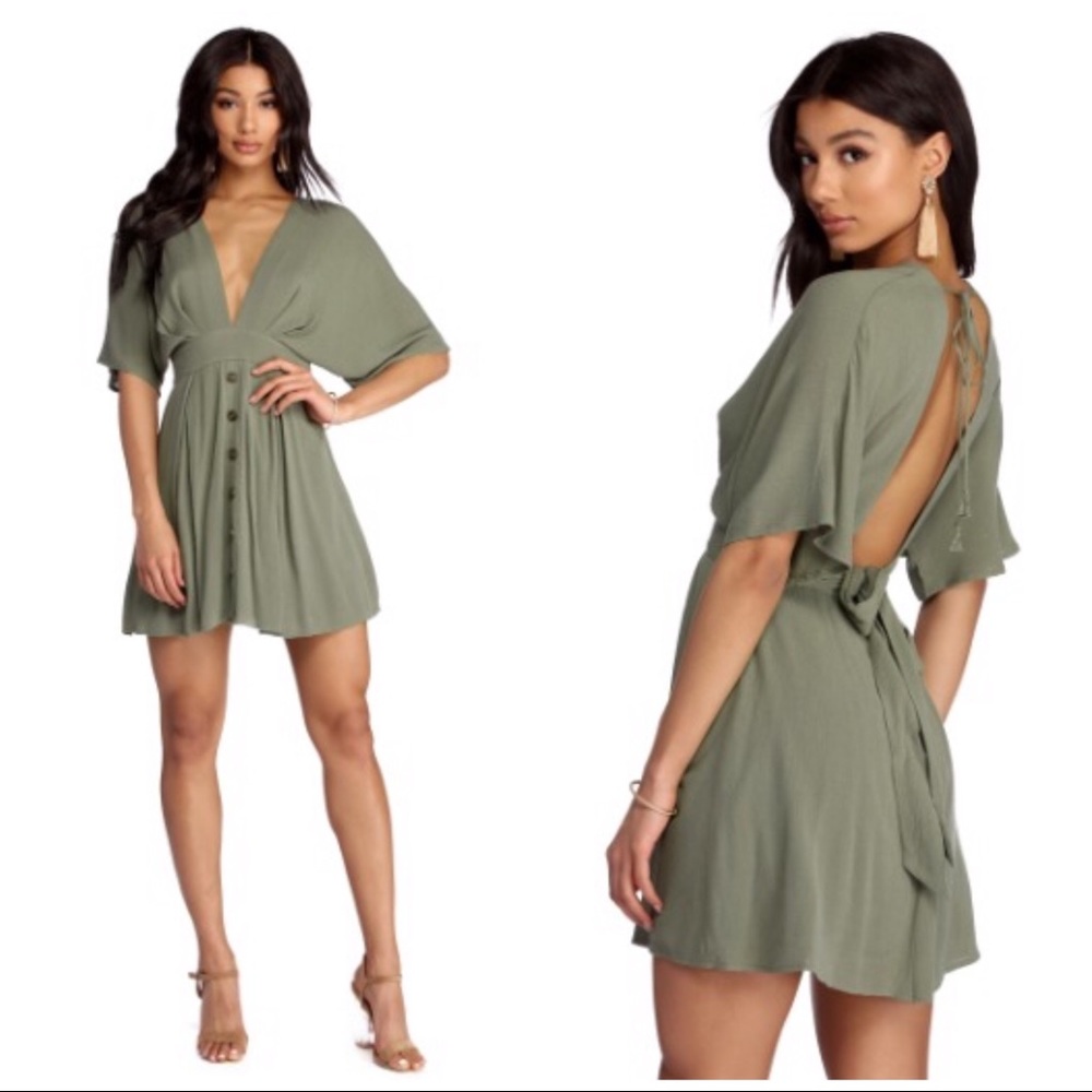 Windsor Open Back Skater Dress in olive green